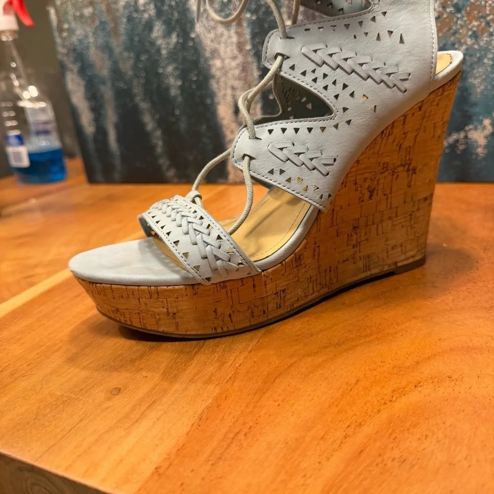 Marc Fisher Boho Chic Leather Lace-Up Cork Wedge Sandals – Light Blue (EUC)